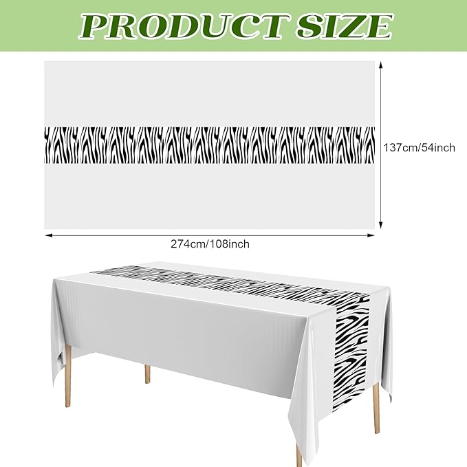 Buryeah 3 Pcs Zebra Tablecloth Zebra Print Plastic Table Cloth Disposable Tablecloth Animal Safari Table Cover 54 x 108'' for Baby Shower Wedding Birthday Party Decorations Supplies (White)