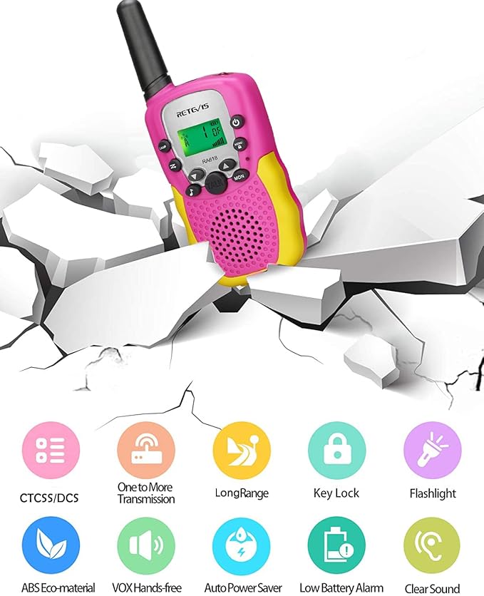 Retevis RA18 Kids Walkie Talkies, Walkie Talkie Toys for 6-12 Year Old Girls Boys, 22 CH, Built-in Flashlight, Girls Christmas Birthday Gifts, Outdoor Garden Camping Family Trip(Pink 2 Pack)