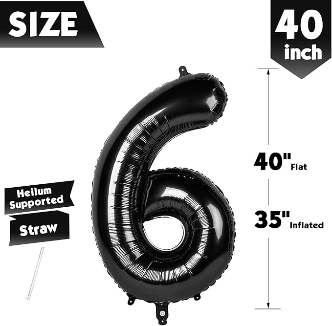 40 Inch Black Number 6 Balloon, Giant 6 Number Balloons for 6th Birthday Decorations, Party Supplies for Baby Boy Girl, Black Party Decor