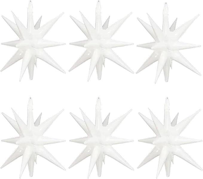 6 Pcs White Star Foil Balloons One-Piece 14-Pointed Star Balloon 4D Cone Mylar 22inch Christmas Birthday Wedding Fireworks Shape Party Supplies (White) ﻿