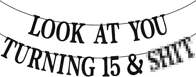 Black Glitter Look at You Turning 15 & Sh*t Banner, Happy 15th Birthday/Level 15 Unlocked/Cheers to 15 Years, Funny 15th Birthday Party Decorations Supplies