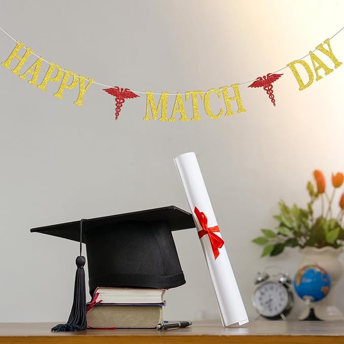 Happy Match Day Banner, Congrats on Matching Bunting Sign, Medical School Survivor Graduation Party Decorations Supplies Gold Glitter