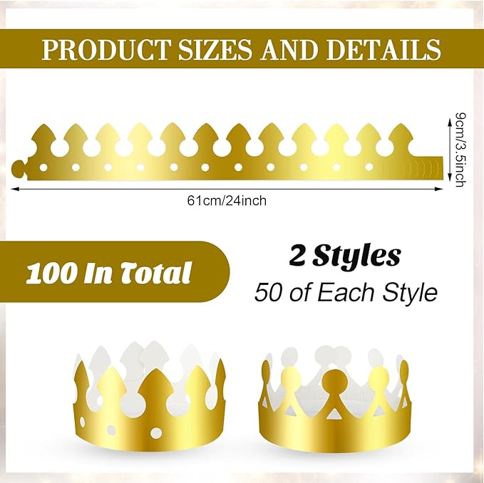 Crtiin 100 Pcs Gold Paper Crowns Birthday Party Bulk for Adults Classroom Students Hat Supplies Favors (Simple Style)