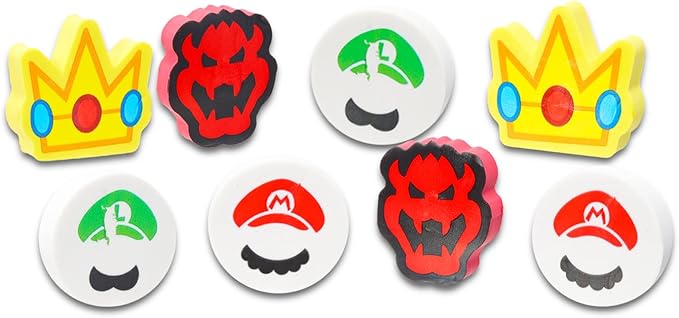 Super Mario Bros Party Favor Set - Bundle with 8 Super Mario Erasers Featuring Mario, Luigi, Bowser, Princess Peach Plus Mario Stickers | Mario Party Supplies Kit for Kids, Boys, Girls