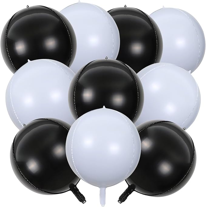 KALOR 22 Inch Black and White Foil Balloons, 10 Pcs Large 4D Giant Round Metallic Foil Balloon for Birthday Party Baby Shower Graduation Party Decorations