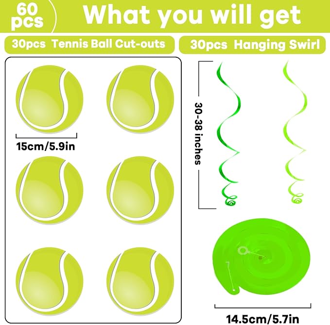 60pcs Tennis Party Foil Swirl Decorations Tennis Ball Ceiling Hanging Banners Decor Hanging Swirls Sports Cutouts Birthday Supplies for Sports Birthday Baby Shower Party Favor Indoor Home Office Decor