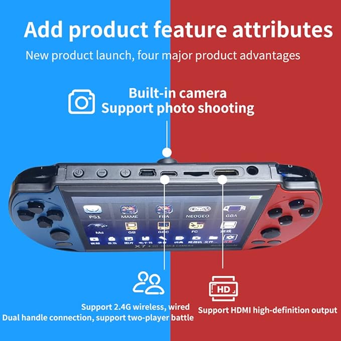 DREAMHAX X7 Plus Handheld Game Console , Preload 10000 Games Portable Video Games Support HDMI Output & Double Player Classic Arcade Retro Game Player (4.3" Screen Red & Blue)