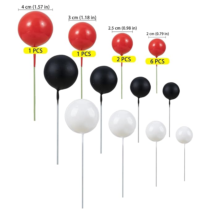 Gyufise 30Pcs Ball Cake Topper Decorations Mini Balloons Cake Topper Sticks Foam Balls Cake Picks Decorations Cake Decorations for Wedding Party Birthday Decorating Red Black White