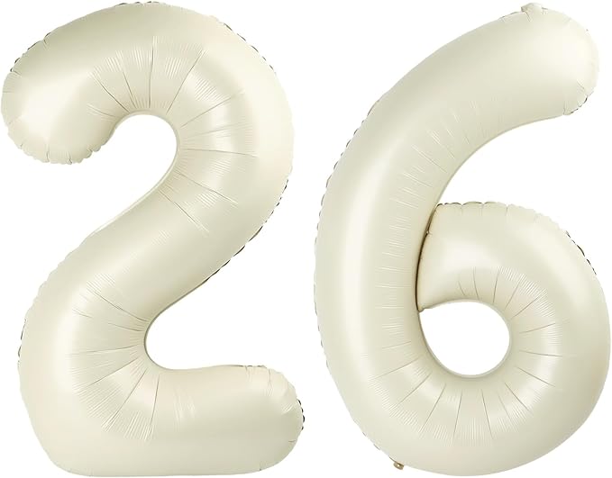 Balloons Number 26 Cream, Foil Happy 26th Birthday Balloon for Men & Women,40 Inch Large Balloons for 2 6 26 62 2026 Wedding Marriage Proposal Engagement Decorations