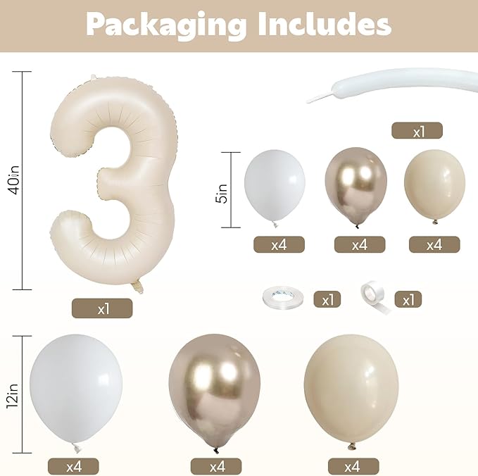 40 Inch Cream Number 3 Balloon for 3rd Birthday Decoration Beige White Sand Number Three Foil Balloon Tower Giant Large Nude Neutral Digit Helium Balloons Stack for Girls Third Anniversary Party