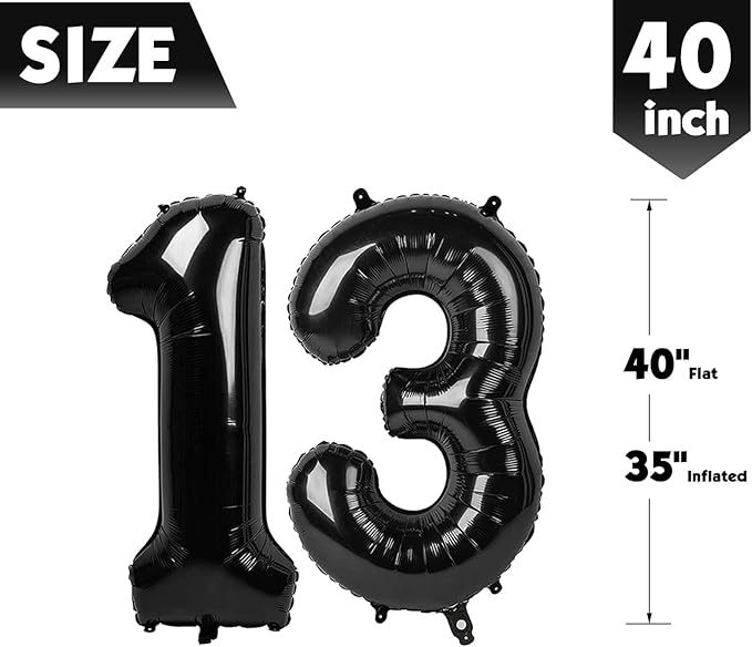 40 Inch Black Number 13 Balloon, Giant Number 13 Balloons for 13th Birthday Decorations, Party Supplies for Baby Boy Girl, Black Party Decor