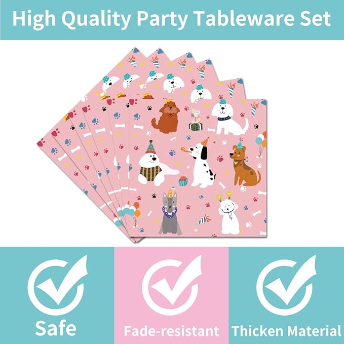 96 Pcs Dog Plates and Napkins Party Supplies, Dog Theme Party Decorations, Pink Puppy Tableware Set Decors Favors Disposable Dinnerware Serve 24 Guests