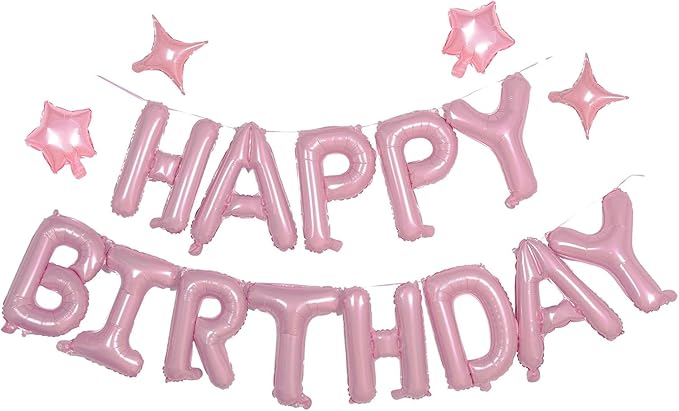 Pink Happy Birthday Banner Balloon Aluminum Foil 16 Inch Letter,Bright Pink 10 Inch Five Pointed Star Four Pointed Star Suitable for Kids, Men, Women, Boys and Girls Party Decoration Supplies