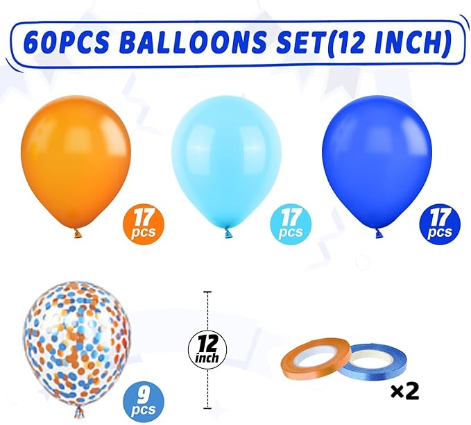 Orange and Blue Balloons, 60pcs 12 Inch Royal Blue Light Blue Pastel Orange Latex Party Balloons with Orange and Blue Confetti Balloons for Boy Birthday Party Baby Shower Graduation Decorations