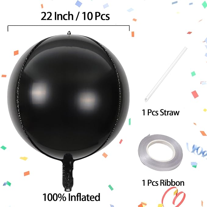 KALOR 10 Pcs 22 Inch Black Mylar Balloons, Large 4D Giant Round Foil Balloon Big Mirror Metallic Balloons for Birthday Party Baby Shower Gender Reveal Supplies