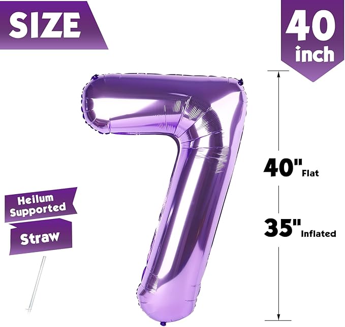 40 Inch Purple Number 7 Balloon, Giant 7 Number Balloons for 7th Birthday Decorations, Party Supplies for Baby Boy Girl, Purple Party Decor