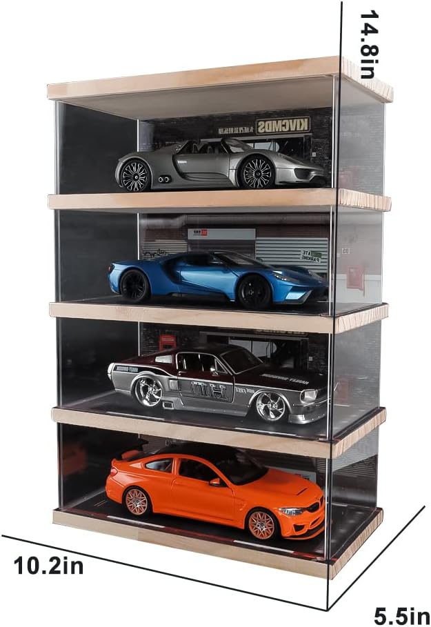 1:24 Scale 4-Tier Vehicle Display Case with Parking Lot Scene for Sports Car & Lego Collectors, Display Stand for Alloy Car Model Toy (4-Tier Auto Repair Store Scene)