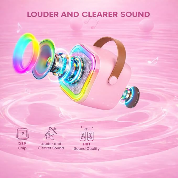 Karaoke Machine for Kids, Portable Bluetooth Speaker with 2 Wireless Microphones, Christmas Birthday Gift Toy Ideas for Boys and Girls Ages 4, 5, 6, 7, 8, 9, 10, 12+ Years Old (Pink)