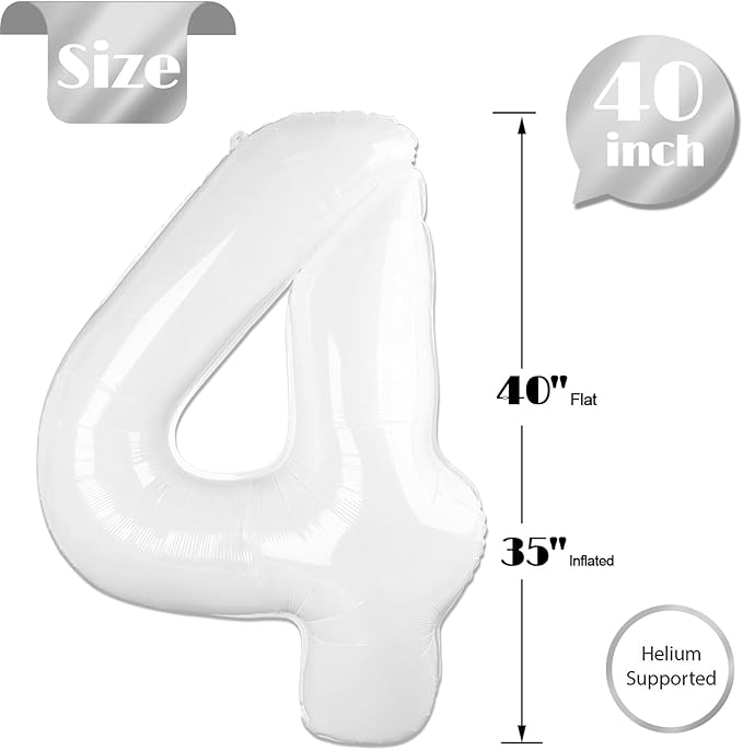 White Number 4 Balloon 40 Inch, 4th Birthday Party Decorations for Children, Giant 4 Foil Balloon for Party Supplies