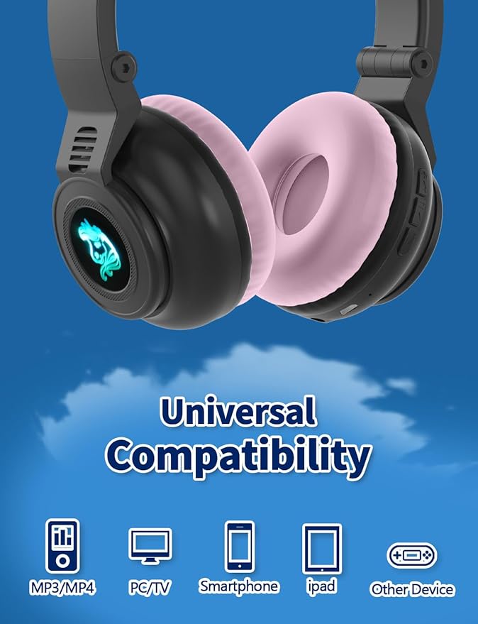Unicorn Kids Headphones for Girls, Unicorn Bluetooth Headphones Foldable for Girls Toddlers Tablet/pad/Amazon fire,Light Up Kids Wireless Headphone Birthday Gifts (Black)