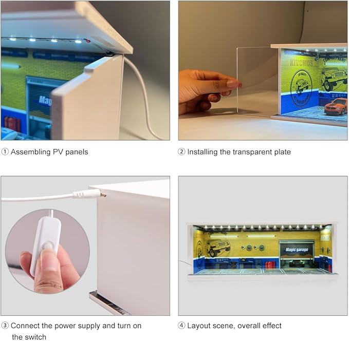 1/64 Model Car Display Case Diecast Diorama Garage，Simulated Parking Lot Model Miniature Scene Parking Lot PVC Assembly with Light Parking Space Model Display Frame Toy Display Box (Yellow)