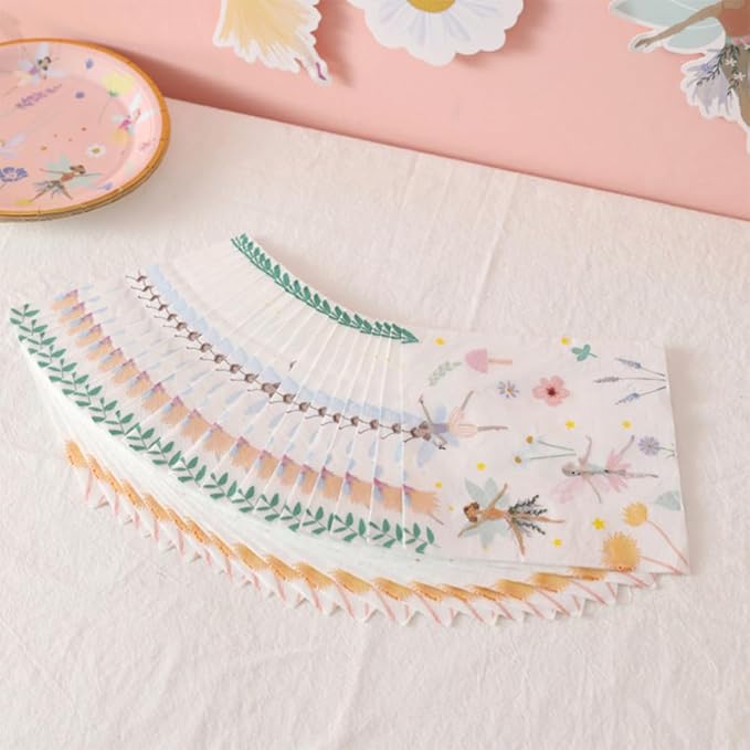 57Pcs Fairy Disposable Tableware Set Flower Fairies Mushroom Party Plates Cups Napkins Sets Fairy Cake Topper Banner Fairy Party Decorations Supplies Girls Birthday Party Decor(10 Guests)