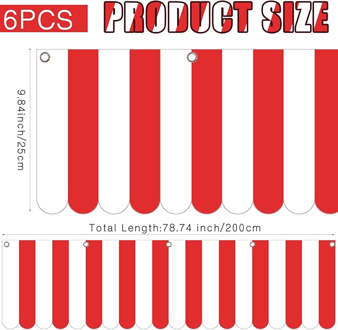 Preboun 6 Pcs Carnival Tent Circus Hanging Awning Decorations Red White Striped Carnival Banner Canopy Party Supplies for Kids Birthday Mardi Gras Theme Christmas Celebration, 9.84 x 78.74 Inches