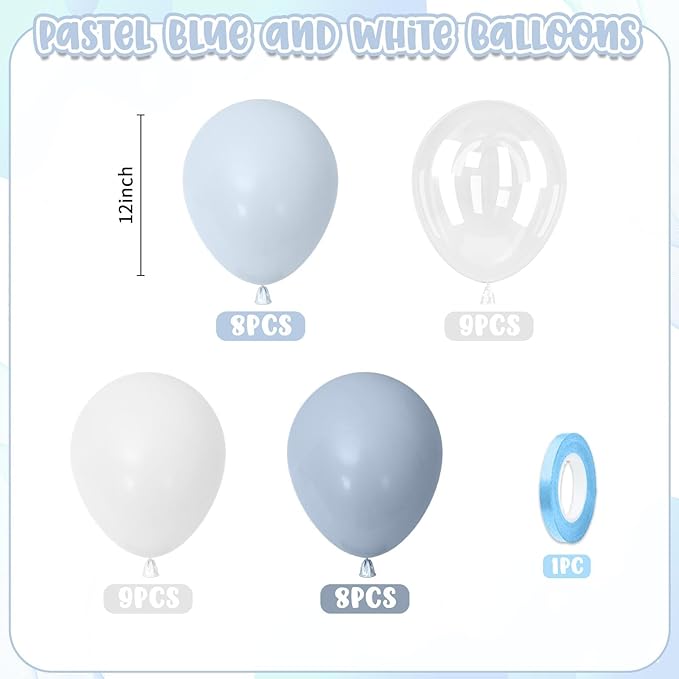 Pastel Blue and White Balloons,12 Inch Light Baby Blue and White with Clear Latex Balloon for Wedding Bachelorette Boy Gender Reveal Bridal Baby Shower Birthday Party Decorations