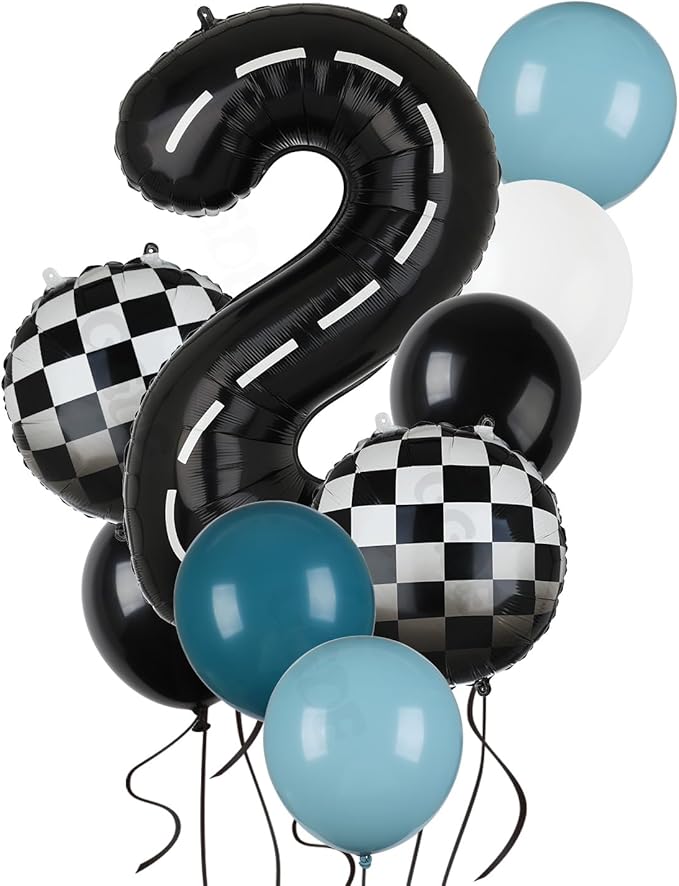 Race Car Balloon Bundle Blue Black 40 Inch Racetrack Number Balloon 2 Black and White Race Car Latex Balloon Boys Two Fast Race Car 2nd Birthday Race Car Theme Party Decor Supplies 21 Pcs Kit