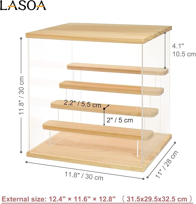 LASOA Acrylic Display Case with Adjustable LED Lights, 5 Tier Clear Display Box for Action Figures and Collectibles, Self-Assembly Showcase with Wooden Base for Miniatures, 11.8x11x11.8inch