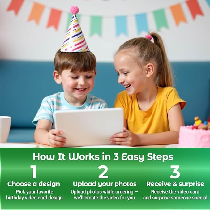 Video Greeting Card for Kids – Personalized Birthday Slideshow – Upload Photos – 7” Digital Display, 512MB Memory, USB Rechargeable, Full Color LCD Screen