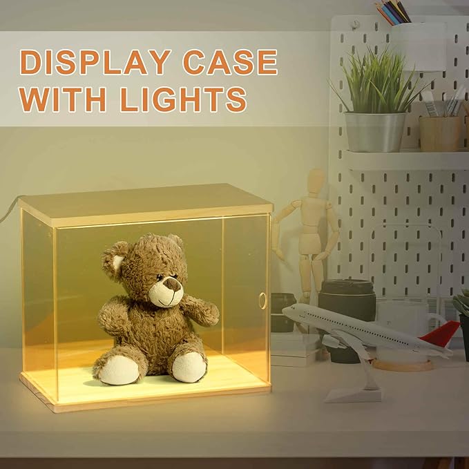 MECCANIXITY Clear Display Case, 3 Layer Acrylic Figure Display Case Clear Display Boxes for Collectibles, Figures Model Toys Home Storage(with Square LED Light, 13x7x10 Inch Black Base)