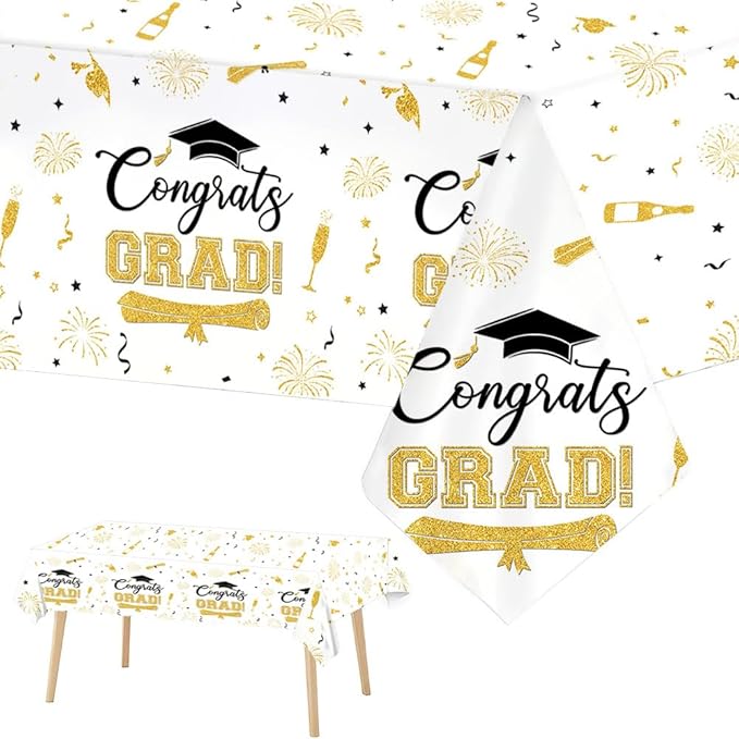 3 Pcs Graduation Tablecloth Decorations White Gold Congrats Grad Disposable Table Cover Class of 2026 Graduation Plastic Tablecloth Table Cover Decorations 108 x 54 Inch