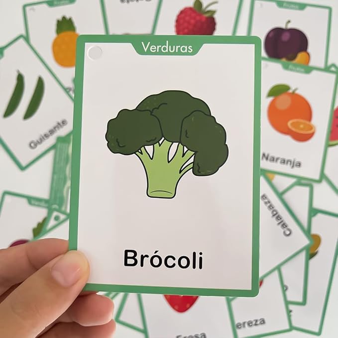 Frutas y Verduras Spanish Fruits and Vegetables Vocabulary Flash Cards, Language Learning Classroom Supplies, Words Cognitive Cards for Preschool Kindergarten Teaching Aids