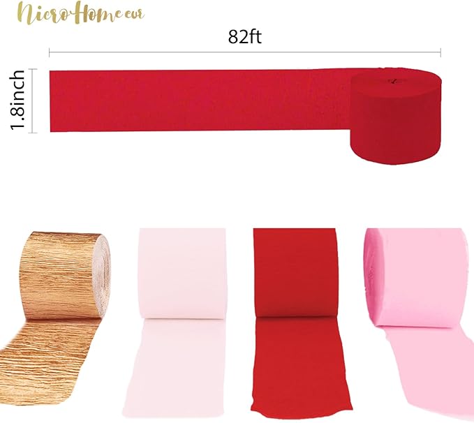 NICROHOME EUR Valentine's Day Decorations, 8 Rolls Pink Red Crepe Paper Streamers for Galentine's Day, Baby Bridal Shower, Birthday Party, Wedding Decorations, 82 Ft Long