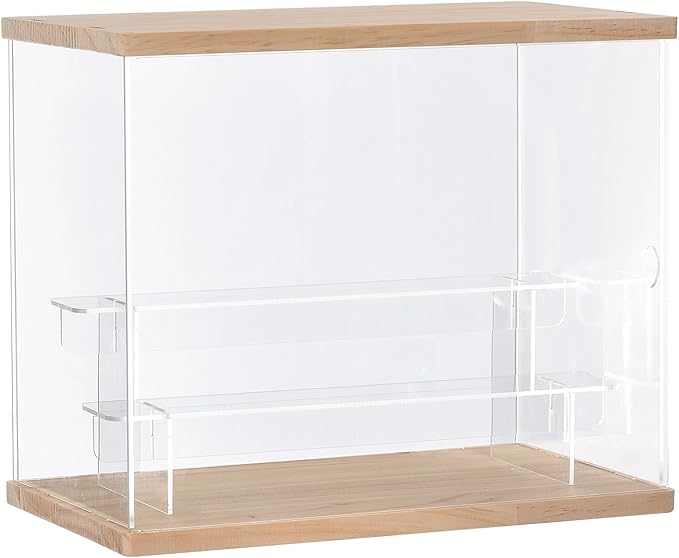 MECCANIXITY Clear Acrylic Display Case with LED Light 2 Tier Dustproof Showcase Assemble Cube Display Boxes Stand for Collectibles, Action Figures (12.6x7.09x10.43) Wood