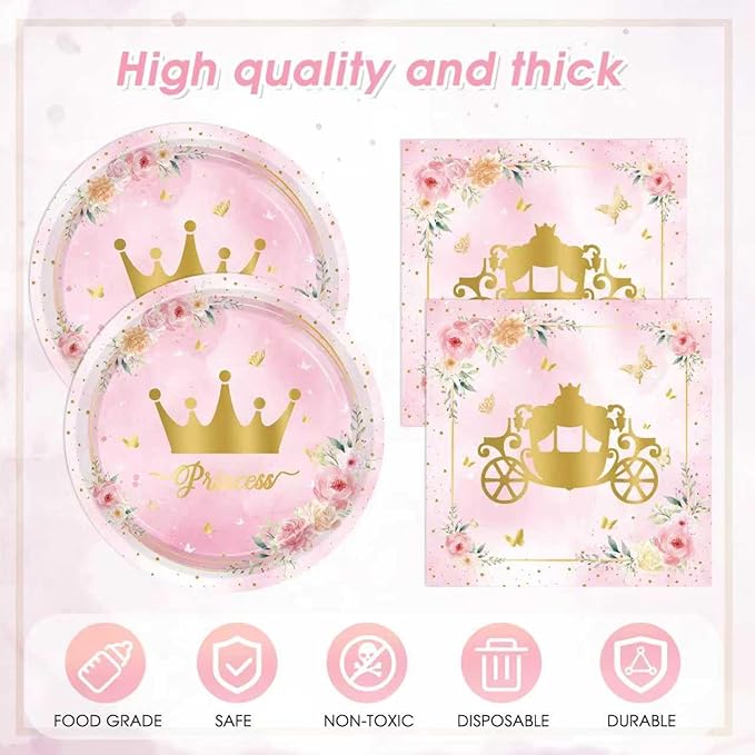 41PCS Princess Birthday Party Decorations,Pink Floral Castle Princess Birthday Themed Tableware Set Includes Paper Plates and Napkins,Tablecloth for Princess Party Supplies,Serves 20
