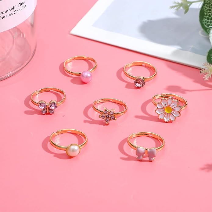 NEWITIN 7 Pieces-100 Pieces Cute Rings for Girls Crystal Ring Girl Pretend Play and Dress up Rings Adjustable Ring Kids Jewelry Little Girl Gift for Girls Kids