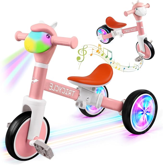 Toddler Balance Bike for Boys Girls, Tricycle for Toddlers 1-5 Year Olds, Toddler Tricycle with Light & Music Front, Kids Bicycle with Removable Pedal, Birthday Gifts for Kids (Flash Wheel Pink)