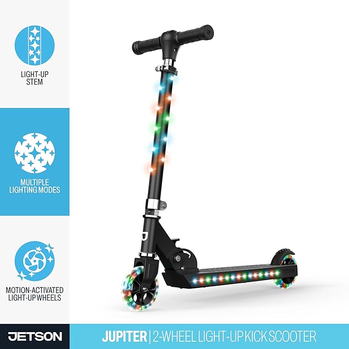 Jetson Jupiter Kids 2-Wheel Light-Up Kick Scooter, LED Lights on Handlebar, Stem, Wheels & Deck, Adjustable Handlebar, Rear Brake, Easy-Folding Mechanism, Ages 5+