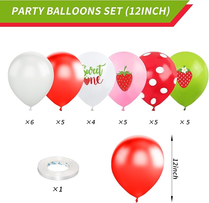 Strawberry Balloons, 12 Inch Strawberry Sweet One Party Balloons White Green Red Dots Balloons Strawberry Theme Party for Girls First Birthday Summer Fruit Party Baby Shower Supplies