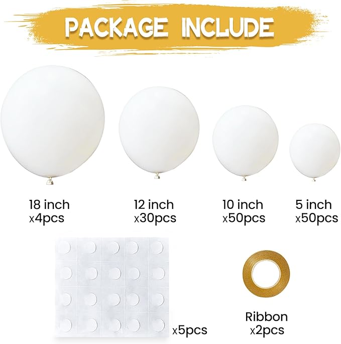 134Pcs White Balloons Different Sizes 5 10 12 18 Inch White Balloon Garland Arch Kit, Latex Balloons for Birthday Wedding Baby Shower Party Decorations.