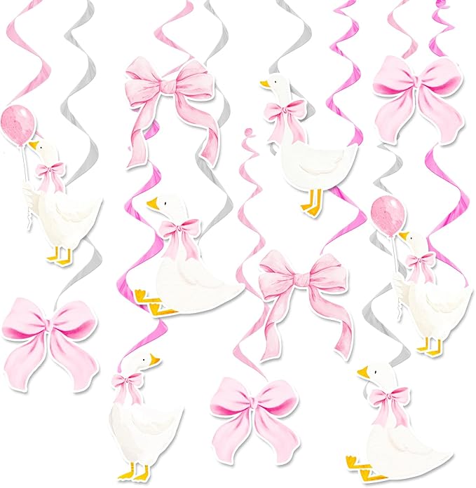 Pink Bow Silly Goose Hanging Swirls Goose Birthday Party Decorations 23Pcs One Silly Goose Hanging Streamers Farm Silly Goose Ceiling Decor for Geese Theme Girls Baby Shower Supplies