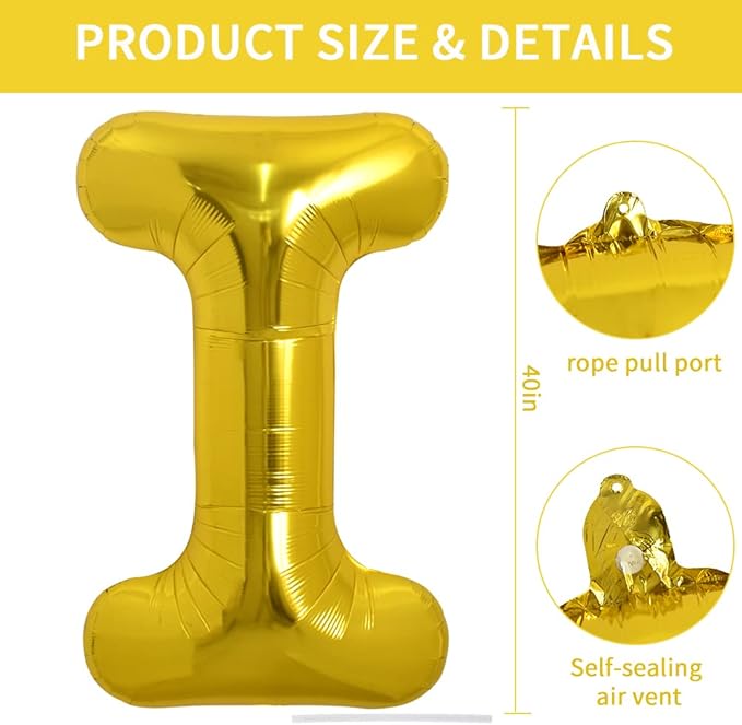TONIFUL 40 Inch Large Gold Letter I Balloons - Helium Filled, Foil Mylar Big Balloons for Birthday Party & Anniversary Decorations