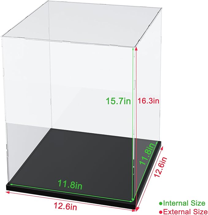 Thickened Clear Acrylic Display Case with Wood-Plastic Base for Lego 21349 71834 76453 43244 Collectibles Transparent Box Self-Assembly for Figures Toys with Light, Black Inside 11.8x11.8x15.7 inch
