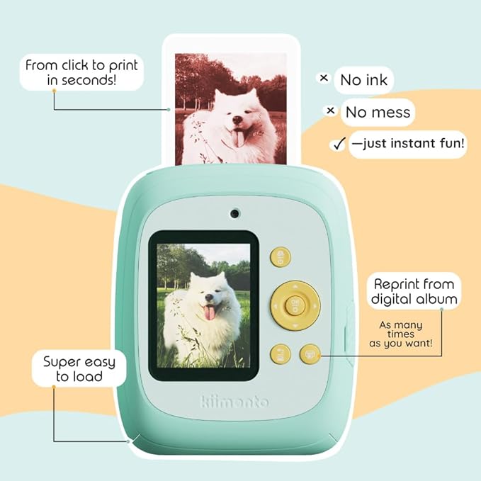 kiimento Instant Print Digital Camera, Ink-Free Thermal Printing with 4 Color-Themed Paper Options, 2.4” HD Screen, Selfie Lens, 48MP Photo, 1080p Video, 32GB Memory Card – Model P2 (Mint)