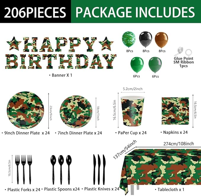206pcs Camo Party Decorations Paper Plates Napkins Camouflage Tableware Set Disposable Cups Forks Knives Spoons with Camo Tablecloth Banner for Boy Camouflage Hunting Military Birthday Party Supplies