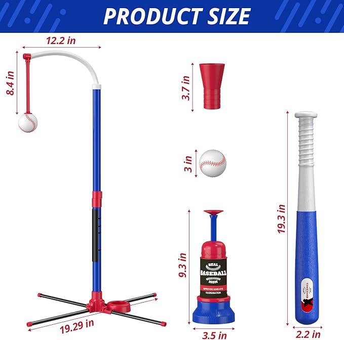 3-in-1 Baseball Set for Kids 3-5 - Tee Ball Stand, Hanging Tee, Ball Launcher and 6 Softballs - Adjustable Height, Indoor/Outdoor Sport Gifts for Boys Girls, Blue
