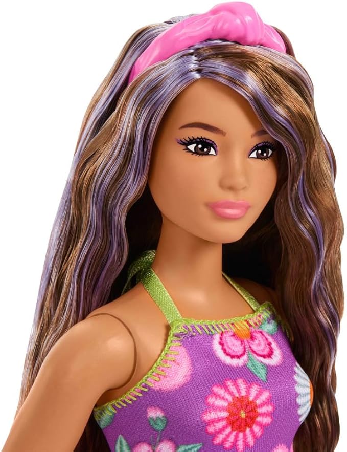 Barbie Fashionistas Doll #244 with Purple-Streaked Brown Hair, Purple Floral Halter Top and Matching Skirt with Accessories Like Headband and Sandals