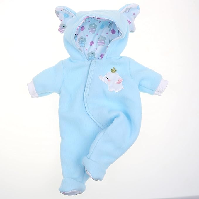 JC Toys | Berenguer Boutique | Baby Doll Outfit | Blue Elephant Themed Hooded Onesie | Ages 2+ | Fits Dolls 14"- 16"
